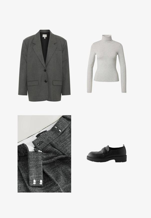 Gestuz PAULA - Blazer - dark grey melange; Grijze coltrui van zacht, rekbaar materiaal; nauwsluitende vorm met lange mouwen en een omgevouwen kraag. Geen zichtbare patronen of accenten.; Grijze, gestructureerde broeken hebben een knoopsluiting, rits en stoffen riemlussen, met een witte voering en uitgesproken stikdetails.; Zwarte leren loafers met een ronde neus, voorzien van een voorband en een rubberen zool met textuur voor grip. Inclusief een trekband aan de hiel.