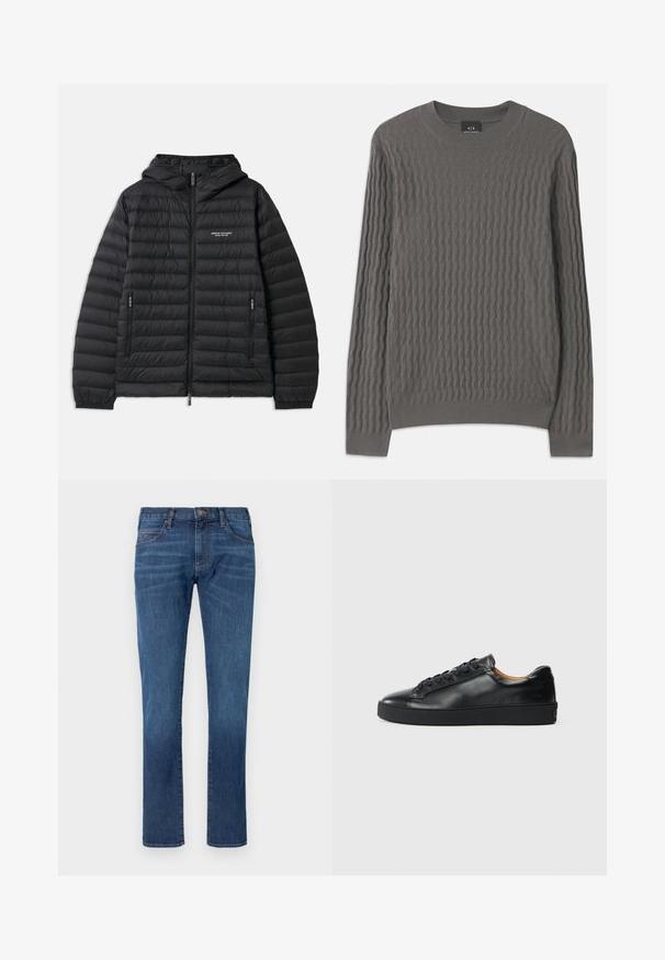 Gepolsterte schwarze Jacke mit Kapuze, Frontreißverschluss und zwei Seitentaschen. Mit einem Logo auf der linken Brust und strukturiertem, gestepptem Design.; Armani Exchange Strickpullover - dark gull zig zag; Blaue Jeans aus Denim mit geradem Bein, ausgestattet mit klassischem Fünf-Taschen-Design und Knopfverschluss. Dezentes Ausbleichen über der Stoffstruktur.; Schwarze Leder-Sneaker mit glatter Textur, runder Zehenpartie und Schnürverschluss. Verfügt über eine dicke Gummisohle und minimalistische Marken-Details.