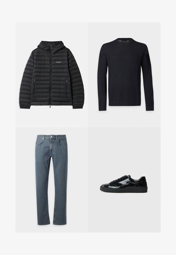 Chaqueta negra acolchada con capucha, cremallera frontal y dos bolsillos laterales. Presenta un logotipo en el pecho izquierdo y un diseño texturizado acolchado.; Jersey negro de manga larga con cuello redondo, patrón texturizado sutil, puños y bajo acanalados, exhibido sobre un fondo liso de color gris claro.; Vaqueros de mezclilla azul de pierna recta con bolsillos delanteros, trabillas para cinturón y cierre de botón, mostrados sobre un fondo claro y liso.; Zapatillas de charol negro con punta redonda, diseño con cordones, suela de goma texturizada y acabado suave.