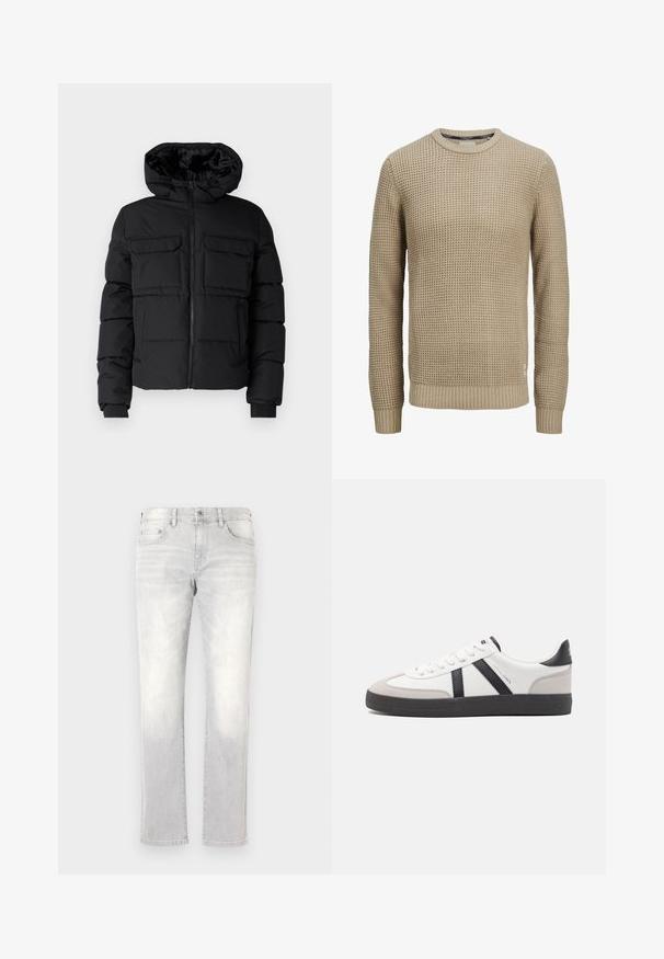Veste rembourrée noire avec capuche, dotée de deux poches poitrine, d'une fermeture éclair à l'avant et de poignets côtelés. Texture lisse et design léger.; Pull en tricot beige à manches longues avec motif gaufré texturé, encolure ronde, poignets et ourlet côtelés.; Jean en denim gris clair avec une coupe droite, un léger dégradé, des poches avant et une seule poche arrière. Fermeture classique par bouton et zip.; Baskets blanches avec des accents noirs et gris, présentant un embout texturé gris, une semelle en caoutchouc noir et des lacets plats blancs. Design épuré, style minimaliste.