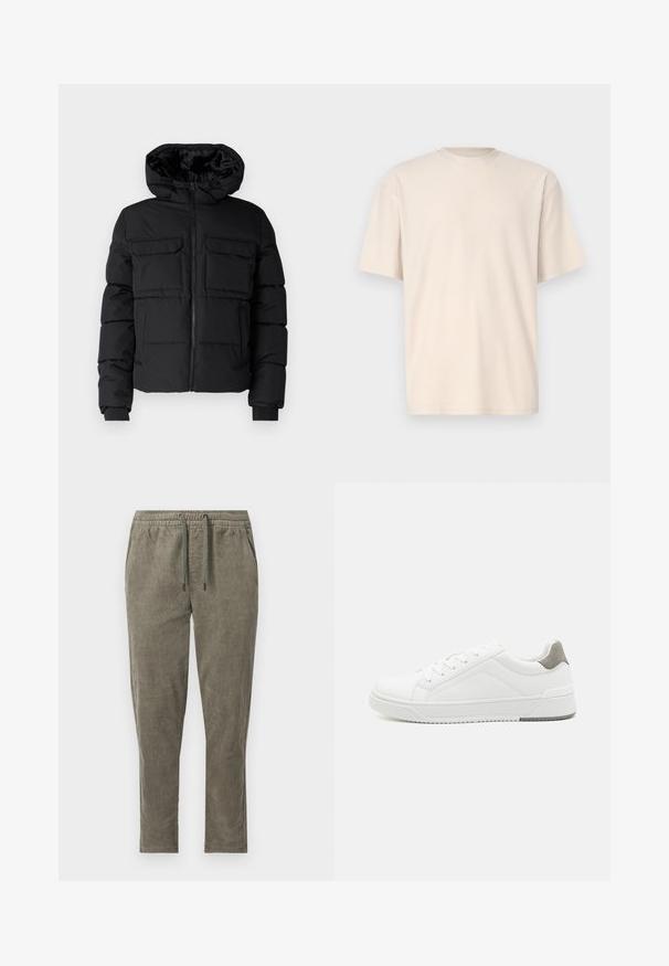 Veste rembourrée noire avec capuche, dotée de deux poches poitrine, d'une fermeture éclair à l'avant et de poignets côtelés. Texture lisse et design léger.; Only & Sons ONSFRED RELAXED PLIZZE TEE - T-shirt basique - moonstruck; Pantalon en velours côtelé vert olive avec taille élastique et cordon, avec poches latérales et coupe droite.; Basket blanche en cuir lisse, à bout arrondi, design minimaliste, accent de talon gris et semelle en caoutchouc texturé.