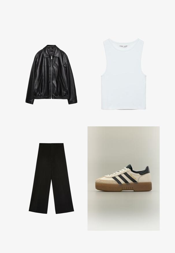 Sort læderjakke med krave, frontlynlås og to sidelommer. Har en glat tekstur og et samlet kant ved taljen.; Hvid ærmeløs crop top med rund halsudskæring, lavet af glat stof, mærket Pull&Bear, egnet til afslappet brug.; Sorte bukser med brede ben, knap- og lynlåslukning, bæltestropper og frontfolder, lagt fladt på en hvid baggrund.; Hvid Adidas sneaker med sorte striber, beige ruskindstå, brun sål og "SPEZIAL" i guldskrift på siden.