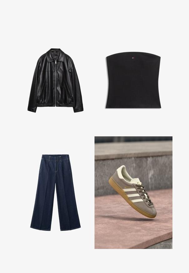 Sort læderjakke med krave, frontlynlås og to sidelommer. Har en glat tekstur og et samlet kant ved taljen.; Sort ribbet, strapless cropped top med lille rektangulært logo i rød, hvid og blå placeret centralt nær den øverste kant.; Mørkeblå vidde-ben denimjeans med forreste plisseringer, bæltestropper og synlige sømme.; Lysebrun ruskinds Adidas-sneaker med hvide striber og gummisål, svævende over lyserøde stentrapper udendørs.