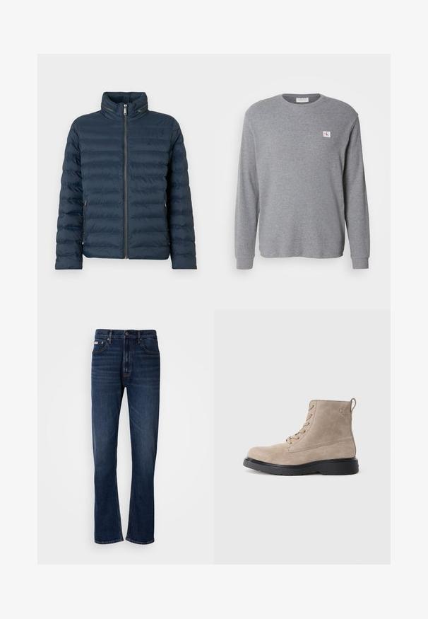 Marineblaue gesteppte Steppjacke mit Frontreißverschluss, hohem Kragen, seitlichen Reißverschlusstaschen und dezentem "ck"-Logo auf der Brust.; Grauer Langarm-Sweatshirt aus strukturiertem Stoff, mit Rundhalsausschnitt und kleiner CK-Logo-Patch auf der oberen linken Seite.; Dunkelblaue Denim-Jeans mit geradem Bein-Design, ausgestattet mit fünf Taschen, einem Reißverschluss und Kontrastnähten. Strukturiertes Material mit glatter Oberfläche.; Beige Wildleder-Ankle Boots mit schwarzer Gummisohle, Schnürdesign und kleinem, seitlich eingeprägtem Logo, ausgestattet mit einer Zuglasche am Hinterkopf.