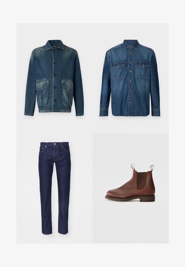 Veste en denim bleu foncé avec une finition délavée. Elle possède un col, une fermeture à boutons et deux poches appliquées à l'avant.; Chemise en jean à manches longues avec deux poches poitrine et poignets boutonnés dans un lavage bleu moyen.; Jean en denim bleu marine avec une coupe droite, une conception à cinq poches, des coutures orange contrastées et une fermeture à bouton en métal argenté à la taille.; Botte Chelsea en cuir marron avec panneaux élastiques sur les côtés, une languette à l'arrière et un petit talon empilé. Texture lisse avec bout arrondi et un design minimaliste.