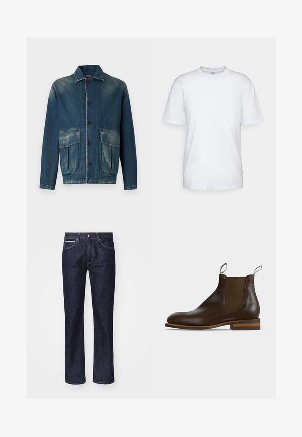 Veste en denim bleu foncé avec une finition délavée. Elle possède un col, une fermeture à boutons et deux poches appliquées à l'avant.; T-shirt en coton blanc avec un col rond, des manches courtes et un ourlet droit. Présente une petite étiquette de marque sur la couture latérale gauche.; Jeans en denim bleu foncé avec une coupe droite, des coutures contrastantes discrètes, cinq poches et un bouton de fermeture à la taille.; Bottine Chelsea en cuir marron foncé avec panneau latéral élastique, languettes à l'avant et à l'arrière, talon bas empilé et bout arrondi.