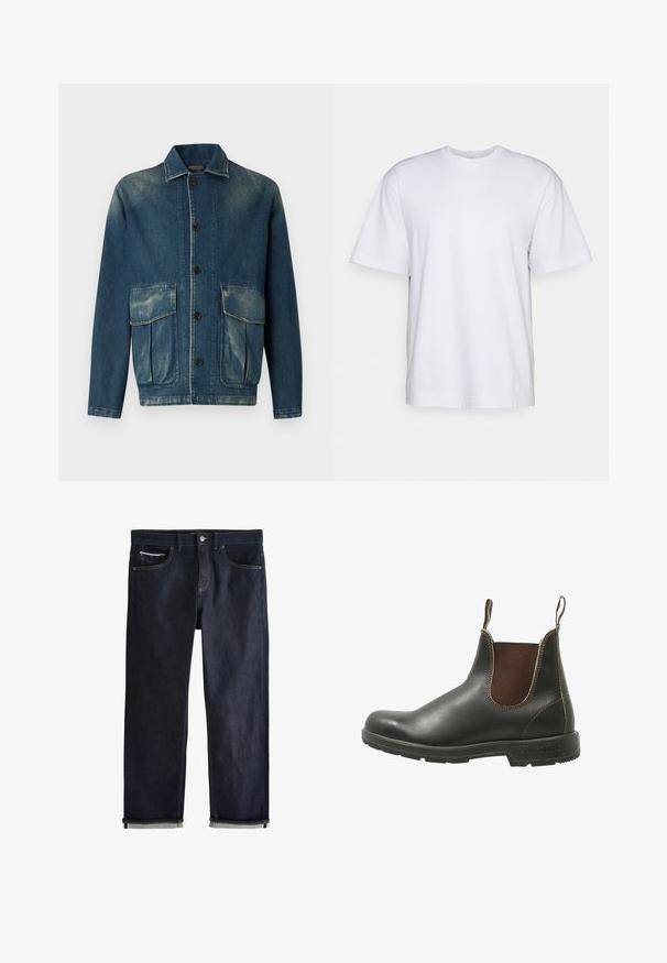 Tumed sinine teksajakk, millel on kulunud viimistlus. Omab kraega kaelust, nupplukku ja kahte esist patch-taskut.; Filippa K HEAVY CREW NECK TEE - Lihtne T-särk - white; Tumed sinised teksapüksid klassikalise sirge lõikega, millel on viis taskut, nööpidega sulgemine ja üleskeeratud sääred, mis paljastavad helesinise voodri.; Siletniku kingad, mis on valmistatud siledast mustast nahast, pruunide elastsete külgpaneelidega, kontrastsete õmblustega ja tekstureeritud kummitald.