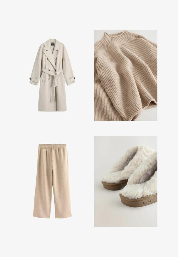 Pitkä beige villakangastakki vyöllä, leveillä läpillä, kaksirivisillä napituksilla ja napitettavilla hihansuilla, aseteltuna tasaisesti valkoiselle taustalle.; Neulepaita vaaleassa beigeissä, jossa on ribbitekstuuri, korkea kaulus ja leveä, rento siluetti. Korostettu teksturoiduilla ompeleilla.; Beige levelet housut, jotka on valmistettu pehmeästä kankaasta. Housuissa on joustava vyötärö, jossa on nyöritys, sekä hienovarainen rosoinen kuviointi kauttaaltaan.; Ruske platformne copate s sladko kremastimi, puhastimi umetnimi krznom na zgornjem delu, ki prikazujejo vtisnjeno blagovno znamko "NEXT" na strani podplata.