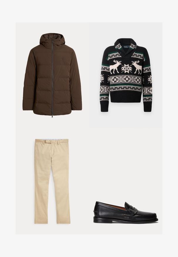 Brun polstret vinterjakke med hætte, lynlås foran, sidelommer og diskret broderet logo på brystet.; Sort strikket sweater med hvide og grønne nordiske mønstre, der har to hvide ren og geometriske snefnugdesign på brystet og ærmerne.; Beige bukser med lige ben, bæltestropper og frontlynlås, lagt fladt mod en hvid baggrund.; Sort læderloafer med lav hæl og pennyremdetalje, vist fra siden på en lysegrå baggrund.