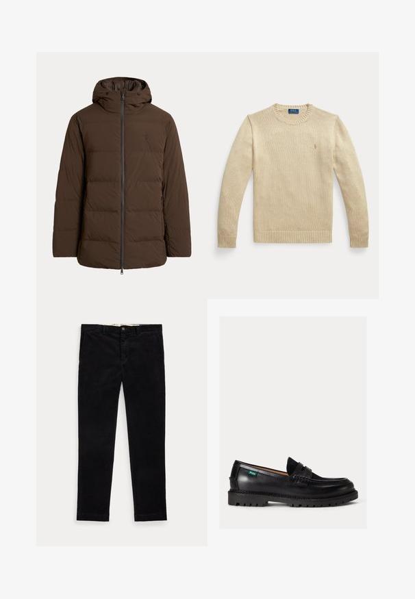 Brun polstret vinterjakke med hætte, lynlås foran, sidelommer og diskret broderet logo på brystet.; Beige langærmet striktrøje med rund hals, ribstrikkede manchetter og kant, med en lille broderet Polo Ralph Lauren-logo på brystet.; Sorte slim-fit manchetbukser med forlommer, bæltestropper og knaplukning i taljen på hvid baggrund.; Sort læderloafer med chunky sål, rundet tå og grøn Polo-logo tag på siden.