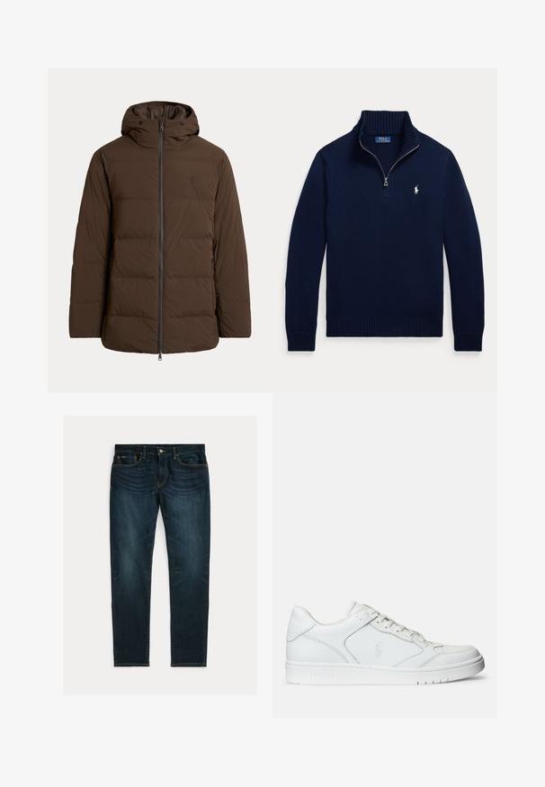 Bruine gewatteerde winterjas met capuchon, rits aan de voorkant, zijzakken en subtiel geborduurd logo op de borst.; Marineblauwe trui met lange mouwen, halve ritskraag en klein wit Polo Ralph Lauren-logo op de linkerborst.; Donkerblauwe slim-fit jeans met lichte vervaging en vijfzakkenontwerp, plat gelegd op een witte achtergrond.; Witte leren sneaker met een gladde textuur, voorzien van een geperforeerde neus, vetersluiting en geborduurde logo aan de zijkant. Witte rubberen zool.