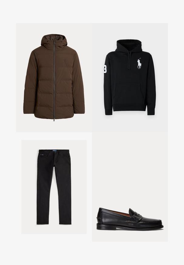 Chaqueta de invierno acolchada marrón con capucha, cremallera frontal, bolsillos laterales y sutil logo bordado en el pecho.; Sudadera negra de algodón, con un bolsillo frontal, capucha con cordón y un logo de jugador de polo en blanco con el número 3 en la manga.; Vaqueros negros de mezclilla con un ajuste slim, que cuentan con cinco bolsillos, trabillas para cinturón y una etiqueta azul de la marca en la cintura. Tejido liso y duradero.; Mocasín negro de cuero con tacón bajo y detalle de correa para moneda, mostrado de lado sobre un fondo gris claro.