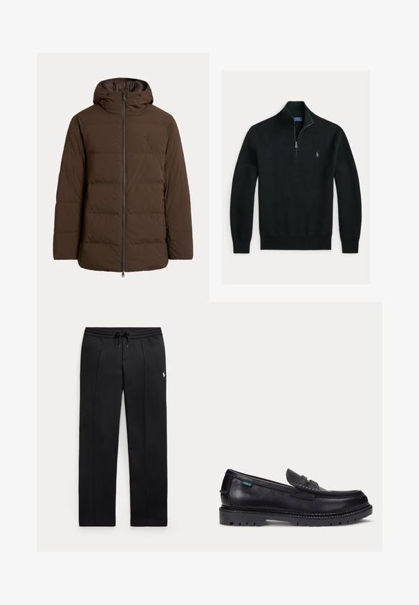 Chaqueta de invierno acolchada marrón con capucha, cremallera frontal, bolsillos laterales y sutil logo bordado en el pecho.; Jersey negro de punto de manga larga con cremallera hasta el pecho y pequeño logo de caballo bordado en el pecho izquierdo.; Pantalones deportivos negros de pierna recta con cintura ajustable con cordón y pequeño logo blanco en el muslo izquierdo, mostrados planos sobre un fondo claro.; Mocasín de cuero negro con suela gruesa estriada y pequeña etiqueta verde "Polo" en el lado exterior cerca del talón.
