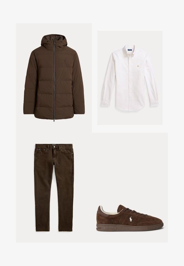 Chaqueta de invierno acolchada marrón con capucha, cremallera frontal, bolsillos laterales y sutil logo bordado en el pecho.; Camisa blanca de manga larga con botones, con finas rayas verticales y pequeño logo bordado en el pecho, exhibida extendida sobre un fondo claro.; Vaqueros ajustados de color marrón oscuro con cinco bolsillos, cierre de botón y cremallera, y etiquetas visibles de la marca Polo en la cintura y el bolsillo delantero.; Zapatilla baja de ante marrón con suela marrón oscuro, cordones y logo Polo bordado en blanco en el lateral.