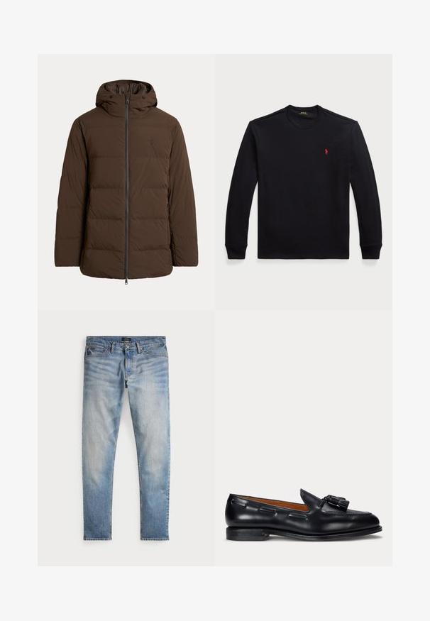 Braune gesteppte Winterjacke mit Kapuze, Frontreißverschluss, Seitentaschen und dezent gesticktem Logo auf der Brust.; Langärmliges schwarzes Baumwollhemd mit rundem Halsausschnitt, versehen mit einem kleinen roten Logo auf der Brust. Glatte Textur und taillierte Passform.; Helle blaue Denim-Jeans mit einem ausgewaschenen Finish, Fünf-Taschen-Design und kontrastierenden Nähten. Mit Reißverschluss und Gürtelschlaufen. Gerade geschnitten.; Schwarzer Lederloafer mit Quasten-Detail und niedrigem Absatz, seitlich vor einfarbigem Hintergrund.