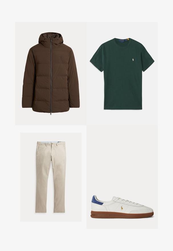 Chaqueta de invierno acolchada marrón con capucha, cremallera frontal, bolsillos laterales y sutil logo bordado en el pecho.; Camiseta de algodón verde oscuro con cuello redondo y mangas cortas. Logo bordado en un color contrastante en el lado izquierdo del pecho.; Pantalones de algodón beige de pierna recta con bolsillos delanteros, trabillas para cinturón, cierre de botón y cremallera, mostrados extendidos sobre un fondo blanco.; Zapatilla blanca de caña baja con suela marrón, lengüeta azul en el talón, cordones y logo dorado de Polo Ralph Lauren en el lateral.