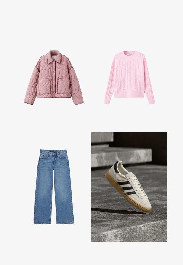 Veste matelassée rose avec grandes poches avant, coutures à bord festonné, fermeture à boutons-pression et col pointu.; Pull en tricot rose avec un motif en torsades, des manches longues et un col rond. Le tissu est doux avec une finition légèrement texturée.; Jean en denim bleu taille haute à jambes larges, avec bouton avant, fermeture éclair et design à cinq poches.; Baskets Adidas Spezial blanches avec des rayures noires et une semelle en gomme flottant au-dessus de marches en pierre grises à l'extérieur.
