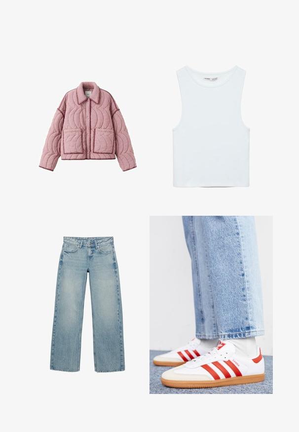 Veste matelassée rose avec grandes poches avant, coutures à bord festonné, fermeture à boutons-pression et col pointu.; Crop top blanc sans manches avec col rond, en tissu lisse, étiqueté Pull&Bear, adapté pour un usage décontracté.; Jeans bleu clair à jambes droites avec bouton frontal, passants pour ceinture et poches, présentant une texture denim subtilement délavée et froissée.; Baskets en cuir blanc avec des rayures et des accents rouges. Dotées d'une semelle extérieure en gomme texturée et d'un col rembourré. Portées avec un jean en denim bleu clair.