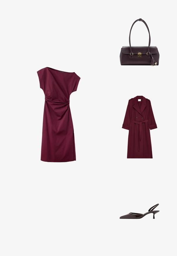 Abrigo largo burdeos con botones de doble botonadura, cinturón en la cintura, cuello de muesca y hombreras.; Vestido burdeos sin mangas hasta la rodilla con abertura lateral y detalle fruncido en la cintura, exhibido sobre fondo blanco.; Zapato salón destalonado de charol marrón oscuro con punta afilada y tacón bajo de estilo gatito sobre fondo blanco.; Bolso de mano de cuero púrpura oscuro con un diseño estructurado, doble asa, herrajes dorados y una solapa plana con cierre y detalle de llavero.