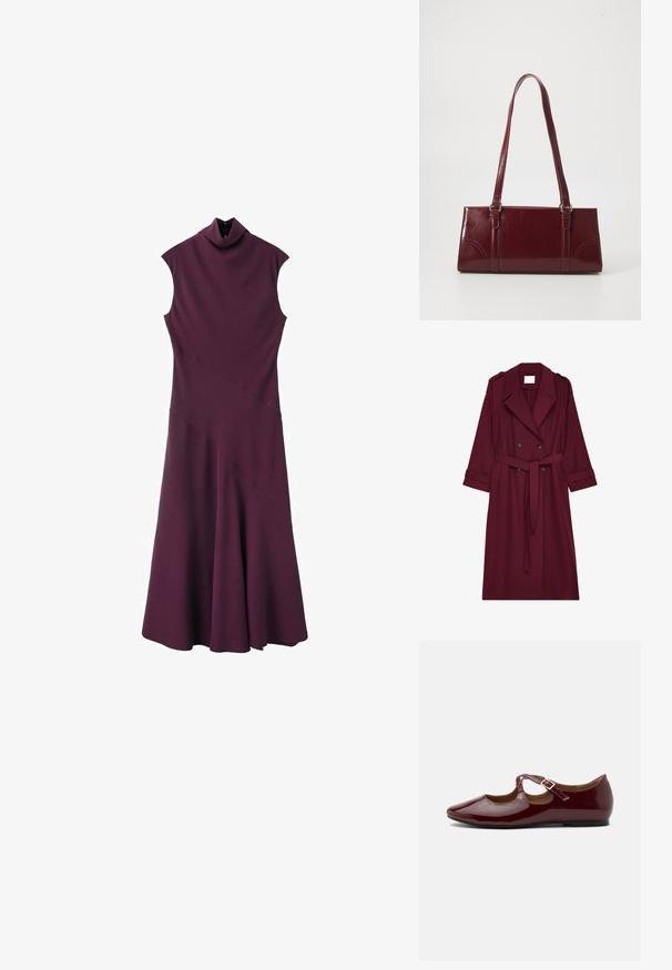 Bordeaux lange trenchcoat met dubbele knopen, riem op de taille, reverskraag en schouderepauletten.; Mouwloze donkerpaarse jurk met hoge hals, nauwsluitend lijfje en wijde rok, met diagonale naaddetails en knoopsluiting bij de hals.; Glanzende bordeauxrode Mary Jane platte schoen met een T-strap en gouden gesp op een effen lichte achtergrond.; Bourgondische handtas van glanzend materiaal, rechthoekige vorm, met twee schouderbanden en subtiele gebogen accenten aan de voorkant.