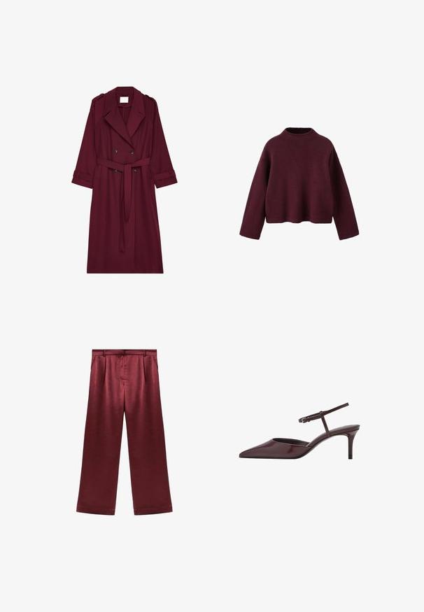 Bordeaux lang trenchcoat med dobbeltknaplukning, bælte i taljen, slagkrave og skulderklapper.; Bordeauxrød strikket sweater med høj hals, sænket skulder og lange ærmer. Har et cropped design og ribbet tekstur.; Bordeaux brede benbukser lavet af satin med en glat tekstur, der har høj talje og to sidelommer som funktionelt detaljer.; Bordeaux patentlæder slingback hæle med spids tå, tynd ankelrem og en moderat stiletto hæl. Glat, blank finish.