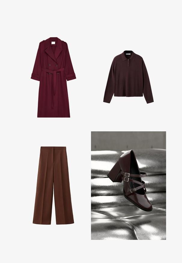 Burgunderfarbener langer Trenchcoat mit doppelreihigen Knöpfen, Gürtel in der Taille, Reverskragen und Schulterklappen.; Dunkelbrauner Polo-Pullover mit langen Ärmeln, Strickmuster, Kragen und zweiknöpfiger Blende, auf weißem Hintergrund präsentiert.; Braune Hoch taillierte Hosen mit weitem Bein, vorne mit Falten und verdecktem Bundverschluss.; Glänzender, dunkel-bordeauxfarbener Mary Jane-Schuh mit drei Riemen und silbernen Schnallen schwebt über einer silbernen metallisch gepolsterten Oberfläche.