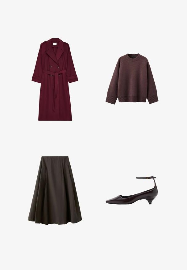 Bordeaux lange trenchcoat met dubbele knopen, riem op de taille, reverskraag en schouderepauletten.; Loszittende trui in donker bordeauxrood, gemaakt van zachte gebreide stof. Voorzien van een geribde ronde hals, brede mouwen en een geribde zoom.; Zwarte A-lijn rok met hoge taille en uitlopende zoom, gemaakt van gladde stof, getoond tegen een witte achtergrond.; Donkerbruine leren kittenheel schoenen met een spitse neus, een dunne enkelband en een kleine gouden gesp.