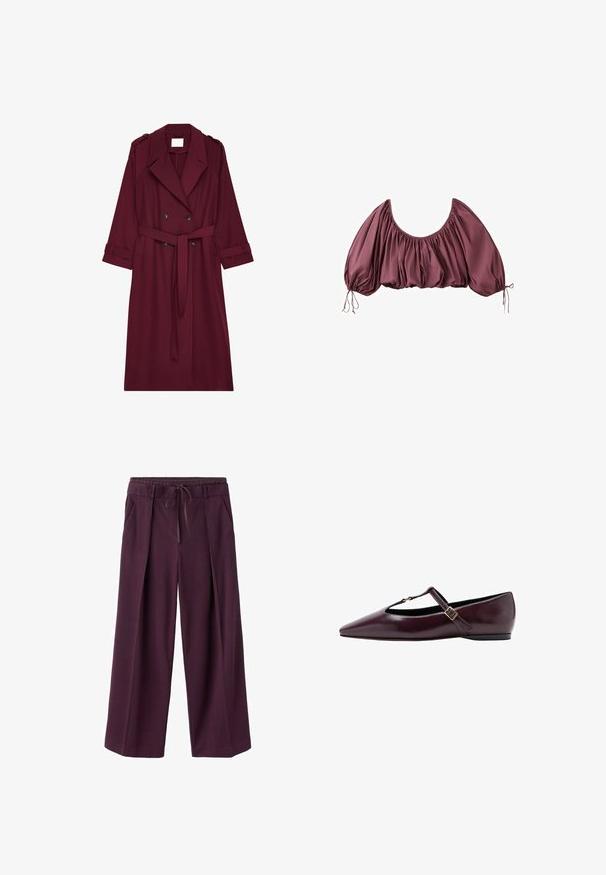 Burgunderfarbener langer Trenchcoat mit doppelreihigen Knöpfen, Gürtel in der Taille, Reverskragen und Schulterklappen.; Zugeschnittene, schulterfreie Bluse in tiefem Mauve mit gerafftem Stoff und elastischen Puffärmeln, die an den Handgelenken gebunden sind.; Weite Hosen aus einem dunkelpflaumenfarbenen Stoff, mit einem elastischen Bund und Kordelzug. Enthält zwei Seitentaschen und dezente Vorderfalten.; Spitz zulaufende Ballerinas aus dunkelburgunderfarbenem Leder. Verfügen über einen T-Riemen mit einer kleinen Schnalle und einem niedrigen Absatz. Glatte Textur mit minimalen Akzenten.