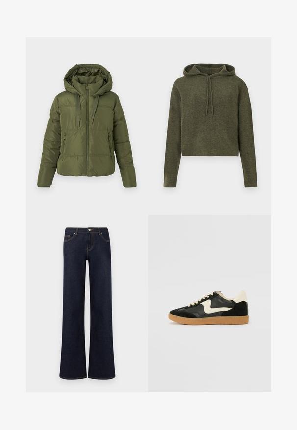 Doudoune vert olive avec capuche attachée, fermeture éclair frontale, cordons de serrage et poches latérales zippées, conçue pour les temps froids.; Haut en hoodie vert olive, coupé et fabriqué en tissu texturé. Dispose d'une capuche avec cordon de serrage et de bords côtelés au niveau des manches et de l'ourlet. Manches longues, design simple.; Jean en denim bleu foncé à jambes larges avec poches avant, fermeture par bouton et fermeture éclair, et coutures contrastantes visibles.; Baskets en daim et cuir noir avec un swoosh latéral crème et un talon crème clair. Dotées de lacets beige et d'une semelle en caoutchouc gomme.