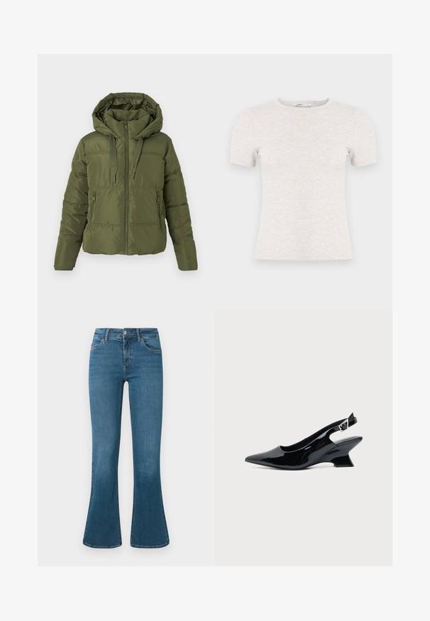 Doudoune vert olive avec capuche attachée, fermeture éclair frontale, cordons de serrage et poches latérales zippées, conçue pour les temps froids.; T-shirt gris clair à manches courtes en tissu côtelé avec un col rond. Design simple, texture lisse, sans motifs ni accents visibles.; Jean en denim bleu évasé avec une taille mi-haute, design à cinq poches et un subtil détail de couture. Texture lisse avec un lavage classique.; Chaussure slingback en cuir verni noir avec bout pointu et petit talon bloc incliné sur fond clair uni.