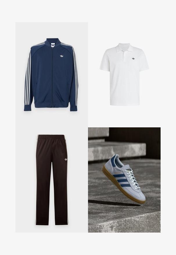 Marineblå lynlåstrøje i polyester med hvide tre-stribe accenter på ærmerne og et lille hvidt logo på brystet.; Hvid kortærmet polotrøje med krave og to knapper, med et lille sort Adidas-logo på venstre bryst.; Sorte Adidas træningsbukser med elastisk taljebånd, hvide sidelommer, lynlåslommer og lille trefoil-logo på venstre lår.; Lyseblå Adidas Spezial sneakers med marineblå striber og gummisål, vist i luften over betontrapper i et neutralt udendørsmiljø.