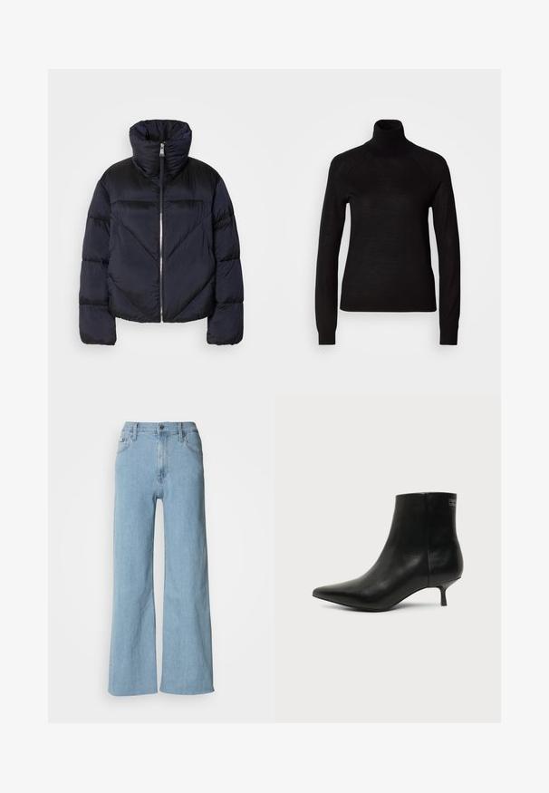 Puffervest i mørk navy med høj krave, prydet med en metallisk lynlås og skrå sømdetaljer. Lavet af let, skinnende stof.; Sort turtleneck sweater lavet af et let strikket stof. Har lange ærmer og en tætsiddende silhuet med raglan-sømme.; Lyseblå vidde jeans lavet af denim, med en tætsiddende talje, fem-lomme design og subtile syningsdetaljer.; Sort læder ankelstøvle med spids tå og lav kitten hæl på lys baggrund, der viser yderside.