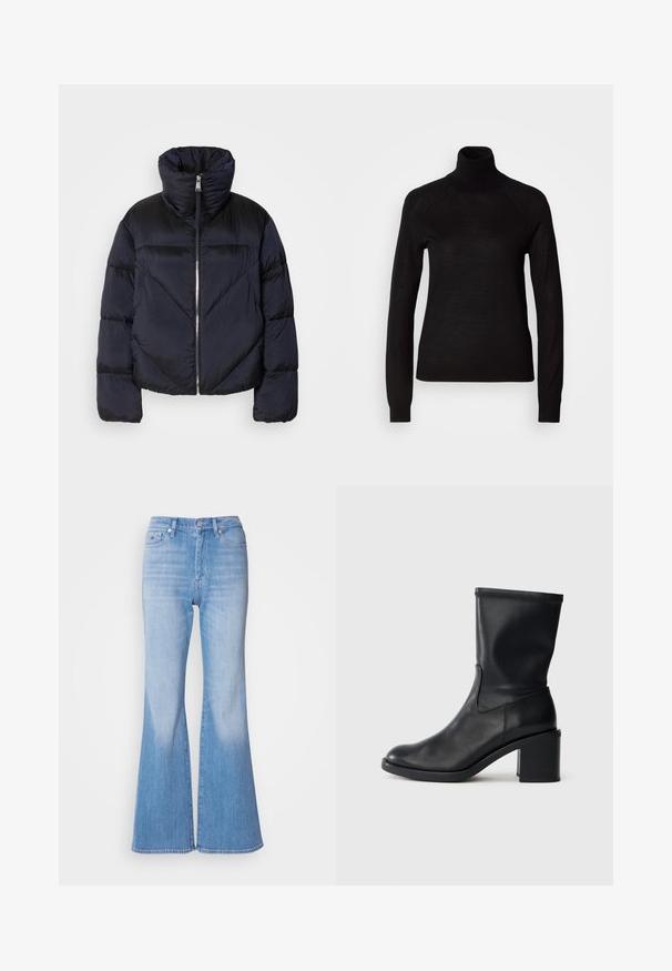 Puffervest i mørk navy med høj krave, prydet med en metallisk lynlås og skrå sømdetaljer. Lavet af let, skinnende stof.; Sort turtleneck sweater lavet af et let strikket stof. Har lange ærmer og en tætsiddende silhuet med raglan-sømme.; Lysblå denim flared jeans med høj talje, der har en knaplukning og bæltestropper. Glat tekstur og falmet finish ned ad benene.; Sort læder ankelstøvle med rund tå, glat tekstur og en grov hæl, der har et tætsiddende skaft og subtil syning.