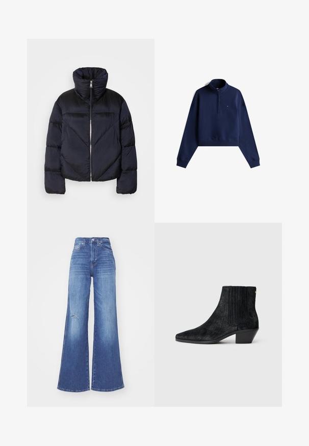 Pufferjack in donker marineblauw met hoge kraag, voorzien van een metallic rits en diagonale naaddetails. Gemaakt van een lichte, glanzende stof.; Navyblauwe half-zip sweatshirt van zacht katoen, met een hoge kraag en ribgebreide manchetten, voorzien van een klein logo op de borst.; Brede blauwe denim jeans met een hoge taille, met een ver-sleten detail bij de knie en een gladde textuur. Klassiek vijf-pocket ontwerp.; Zwarte enkelboot met een spitse neus, textuur die lijkt op haar, ribbelpaneel aan de zijkant en een lage blokhak. Eenvoudig en modern ontwerp.