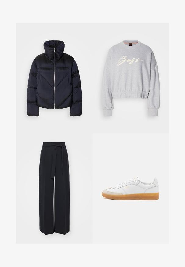 Puffervest i mørk navy med høj krave, prydet med en metallisk lynlås og skrå sømdetaljer. Lavet af let, skinnende stof.; Grå cropped sweatshirt lavet af blødt stof, med et hvidt broderet "Boss" logo på fronten og elastiske manchetter ved ærmerne og kanten.; Vide sorte bukser lavet af blød stof. Har en bælteholdbar talje og frontfolder. Glat tekstur med et rent, moderne design.; Hvide lædersneakers med beige ruskindsdetaljer, gummisål og snøredesign. Har diskret branding i guld.