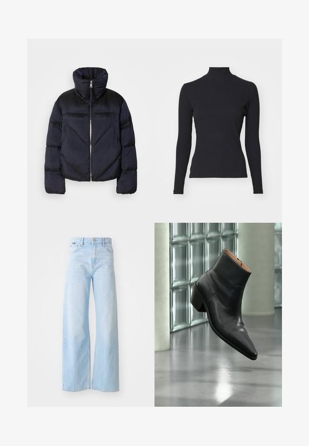Puffervest i mørk navy med høj krave, prydet med en metallisk lynlås og skrå sømdetaljer. Lavet af let, skinnende stof.; Sort ribbet turtle-sweater med lange ærmer. Lavet af strækbart stof med en tætsiddende pasform og høj krave. Enkel design uden udsmykninger.; Lyseblå bredbensbukser lavet af denim, med høj talje, forlommer, knaplukning og syet kantdetalje.; Sort læderankelstøvle med spids tå og blokhæl, der svæver over en reflekterende grå gulv nær en væg af glasblokke.