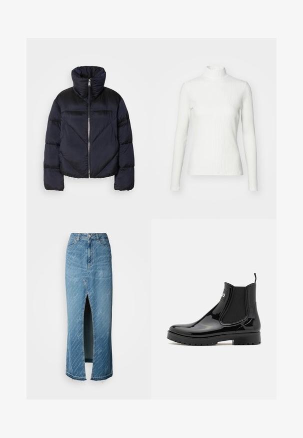 Puffervest i mørk navy med høj krave, prydet med en metallisk lynlås og skrå sømdetaljer. Lavet af let, skinnende stof.; Hvid ribbet turtleneck blouse med lange ærmer, lavet af elastisk stof. Har et tætsiddende design og høj hals for god dækning.; Blå denim midi-nederdel med en frontslid, falmet tekstur og hvidt skriftmønster. Har et klassisk taljebånd og frynset kant.; HUGO TABITA - Gummistøvler - black