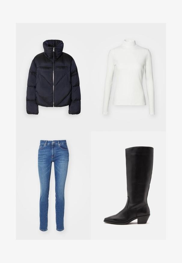 Puffermantel in dunkelblau mit hohem Kragen, ausgestattet mit einem glänzenden Reißverschluss und diagonalen Nahtdetails. Hergestellt aus leichtem, glänzendem Stoff.; Weißes geripptes Turtleneck-Oberteil mit langen Ärmeln, aus elastischem Stoff. Verfügt über ein enganliegendes Design und einen hohen Kragen für zusätzlichen Schutz.; Blaue Denim-Jeans mit schmaler Passform, ausgestattet mit fünf Taschen, einem Knopfverschluss und leichtem Ausbleichen an den Oberschenkeln für zusätzliche Struktur.; Schwarzer Lederstiefel bis zur Wade mit spitzer Spitze und niedrigem schrägem Absatz vor einfachem hellem Hintergrund.