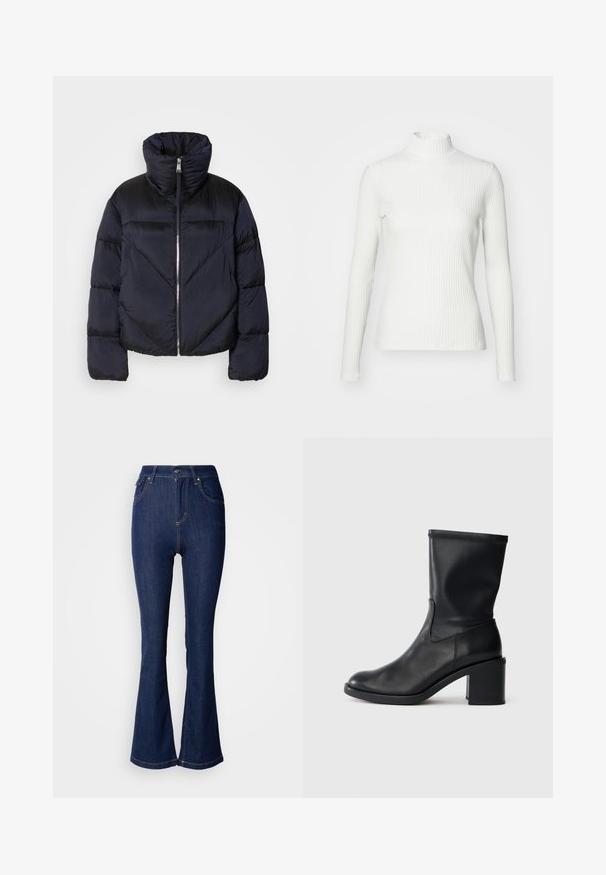 Puffermantel in dunkelblau mit hohem Kragen, ausgestattet mit einem glänzenden Reißverschluss und diagonalen Nahtdetails. Hergestellt aus leichtem, glänzendem Stoff.; Weißes geripptes Turtleneck-Oberteil mit langen Ärmeln, aus elastischem Stoff. Verfügt über ein enganliegendes Design und einen hohen Kragen für zusätzlichen Schutz.; Dunkelblaue Schlagjeans aus Denim mit hoher Taille, mit Fronttaschen, kontrastierendem Nähen und Knopfverschluss.; Schwarze Leder-Ankle Boots mit runder Zehenform, glatter Oberfläche und dicker Absatz, ausgestattet mit einem eng anliegenden Schaft und subtilen Nähten.