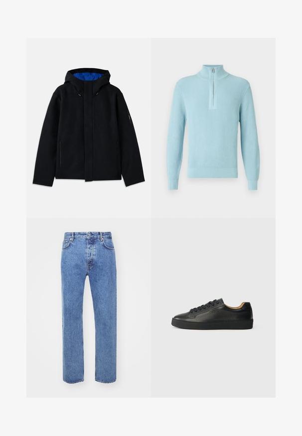 Sort hættetrøje med blåt indre, der har to sidelommer med lynlås, lige pasform og snorejusteringer på hætten.; Lyseblå ribstrikket sweater med høj hals, halv lynlås, lange ærmer og en tætsiddende kant, lavet af blødt, tekstureret stof.; Won Hundred STEVE - Jeans Relaxed Fit - cut blue; Sorte lavtop lædersneakers med tekstureret overflade, sorte snørebånd og tyk gummisål, vist fra siden på en lys baggrund.