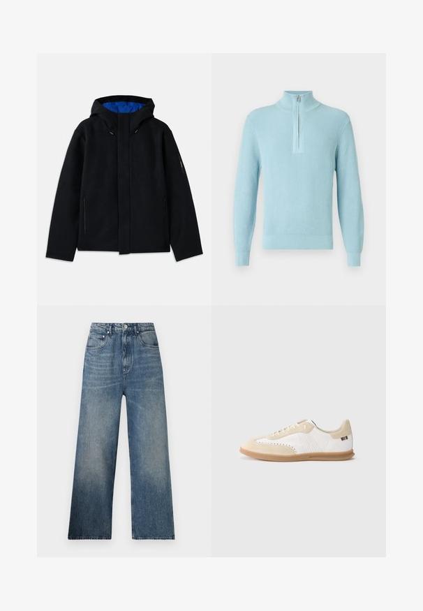 Schwarze Kapuzenjacke mit blauer Innenausstattung, ausgestattet mit zwei seitlichen Reißverschlusstaschen, geradem Schnitt und Zugregulierungen an der Kapuze.; Hellblauer, gerippter Pullover mit hohem Kragen, Halbreißverschluss, langen Ärmeln und tailliertem Saum, gefertigt aus weichem, strukturiertem Stoff.; Blaue Denim-Hosen mit weitem Bein und hohem Bund, mit subtilen Verfärbungen, fünf Taschen und einem Metallknopfverschluss vorne.; Weißer Sneaker mit hellbeigen Wildledereinsätzen, perforierten Details, flachen Schnürsenkeln und einer Gummisohle in Karamellfarbe. Mit gestreiftem Markenlogo an der Ferse.
