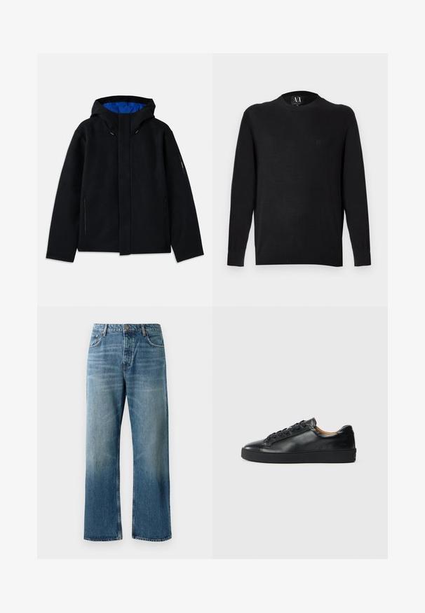 Veste à capuche noire avec un intérieur bleu, dotée de deux poches zippées sur les côtés, d'une coupe droite et de réglages par cordon sur la capuche.; Pull en maille noire à manches longues, col rond et poignets côtelés. Dispose d'un logo brodé sur la poitrine. Texture lisse.; Jeans oversize bleu clair avec un délavage, featuring une fermeture à un bouton, cinq poches et des coutures contrastées.; Baskets en cuir noir avec une texture lisse, bout rond et fermeture à lacets. Comprend une semelle en caoutchouc épaisse et un minimum de détails de marque.