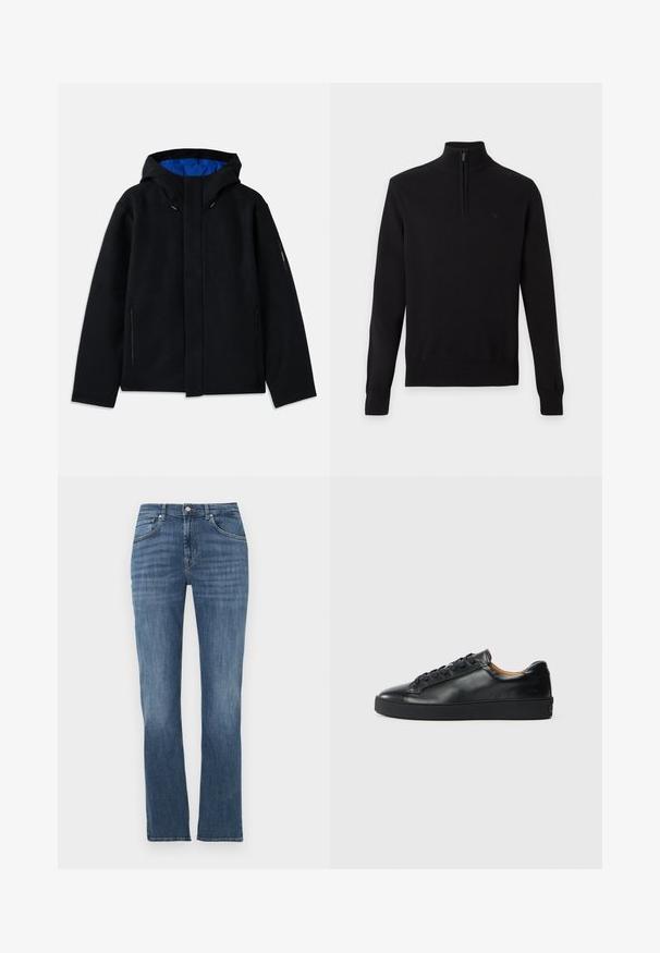 Veste à capuche noire avec un intérieur bleu, dotée de deux poches zippées sur les côtés, d'une coupe droite et de réglages par cordon sur la capuche.; Pull noir à manches longues avec une courte fermeture éclair devant et un col montant côtelé, présenté sur un fond clair uni.; Jean denim bleu à jambes droites avec poches avant, fermeture à boutons et léger effet délavé sur les cuisses et les genoux.; Baskets en cuir noir avec une texture lisse, bout rond et fermeture à lacets. Comprend une semelle en caoutchouc épaisse et un minimum de détails de marque.