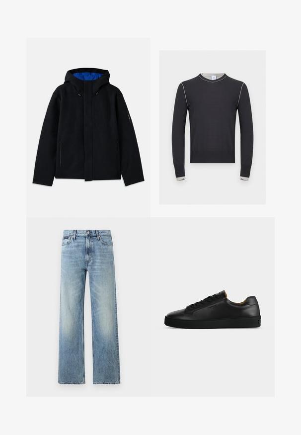 Sort hættetrøje med blåt indre, der har to sidelommer med lynlås, lige pasform og snorejusteringer på hætten.; Sort langærmet sweater med hvid syning langs skuldrene og manchetterne, med rund halsudskæring og ribkant ved kant og manchetter.; Lyseblå denim jeans med lige ben, højt talje, fem lommer, knaplukning og diskrete falmede områder på lår og knæ.; Sort lavtopet læder-sneaker med sorte snørebånd, tekstureret gummisål og lille præget logo på siden, vist i profil mod grå baggrund.