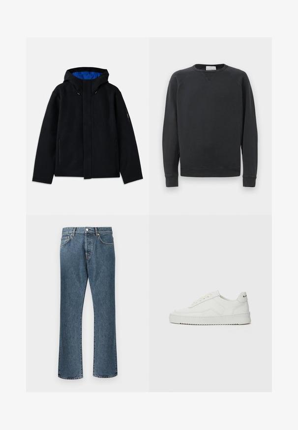 Zwarte capuchonjack met een blauwe binnenkant, voorzien van twee zijzakken met rits, een rechte snit en koordverstellingen op de capuchon.; Zwarte lange mouw crewneck sweatshirt met geribbelde manchetten en onderrand, subtiele V-stiksel detail onder de kraag en merklabel aan de binnenkant van de hals.; Blauwe spijkerbroeken met een rechte pijp, uitgerust met een klassieke knoop- en rits sluiting, vijf zakken en subtiele vervaging.; Witte leren sneaker met een gladde afwerking, ronde neus, platte veters en een gestructureerde zool. Kenmerkt zich door een subtiel logo op de hiel.