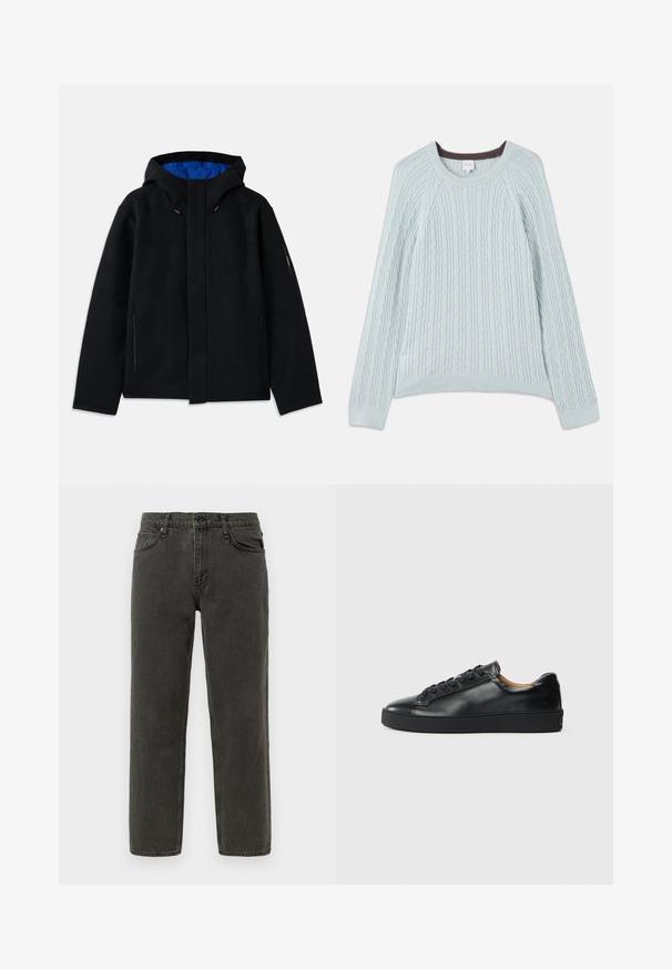 Veste à capuche noire avec un intérieur bleu, dotée de deux poches zippées sur les côtés, d'une coupe droite et de réglages par cordon sur la capuche.; Pull en maille torsadée bleu clair avec des manches raglan, un col rond et des poignets côtelés. Texture douce avec un subtil accent marron au niveau du col.; Jean en denim noir droit avec fermeture à bouton et à zip, poches avant et arrière, et passants de ceinture.; Baskets en cuir noir avec une texture lisse, bout rond et fermeture à lacets. Comprend une semelle en caoutchouc épaisse et un minimum de détails de marque.