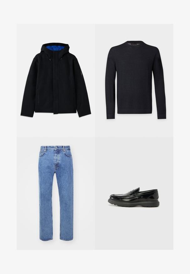 Sort hættetrøje med blåt indre, der har to sidelommer med lynlås, lige pasform og snorejusteringer på hætten.; Sort langærmet crewneck sweater med subtilt tekstureret mønster, ribkantede ærmeafslutninger og kant, vist på en ensartet lys grå baggrund.; Won Hundred STEVE - Jeans Relaxed Fit - cut blue; Sort læderloafer med en blank finish, rund tå, subtile syninger og en tyk gummisål for holdbarhed.