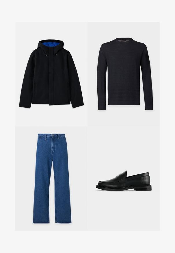 Schwarze Kapuzenjacke mit blauer Innenausstattung, ausgestattet mit zwei seitlichen Reißverschlusstaschen, geradem Schnitt und Zugregulierungen an der Kapuze.; Schwarzer Langarmpullover mit Rundhalsausschnitt und dezentem Strukturmuster, gerippten Bündchen und Saum, dargestellt auf einem schlichten hellgrauen Hintergrund.; Blaue Jeans mit weitem Bein, Gürtelschlaufen, Knopfverschluss und hoher Taille, flach auf hellem Hintergrund gezeigt.; Schwarzer Leder-Pennyloafer für Herren mit niedrigem, gestapeltem Absatz und abgerundetem Zehenbereich, von der Seite auf hellgrauem Hintergrund gezeigt.