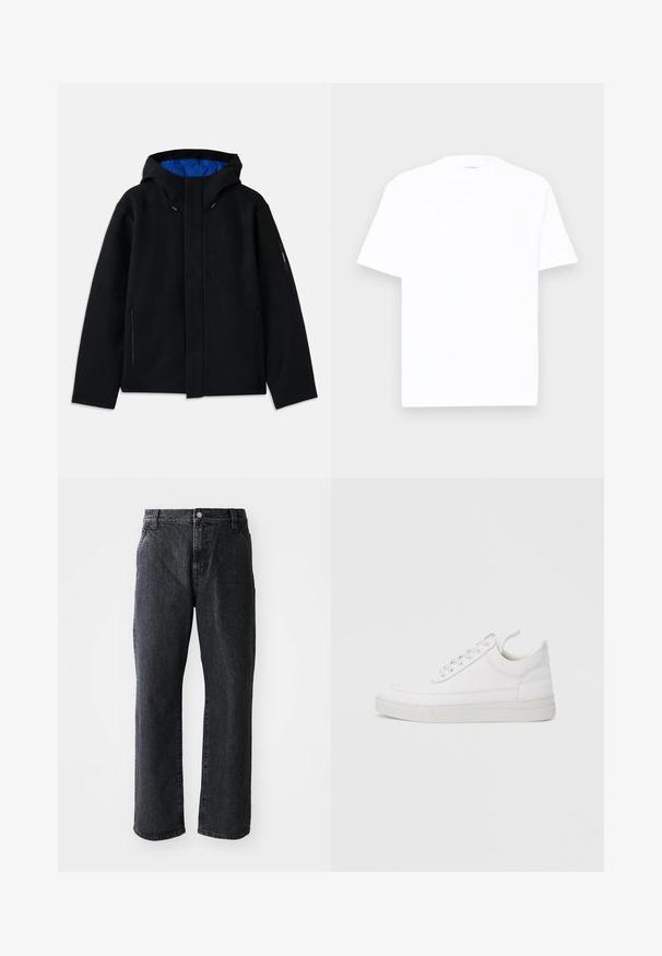 Schwarze Kapuzenjacke mit blauer Innenausstattung, ausgestattet mit zwei seitlichen Reißverschlusstaschen, geradem Schnitt und Zugregulierungen an der Kapuze.; Weißes Baumwoll-T-Shirt mit Rundhalsausschnitt, kurzen Ärmeln und lässiger Passform. Glatte Textur, minimale Details und ohne Muster oder Grafiken.; Schwarze Denim-Jeans mit geradem Schnitt, ausgestattet mit einem Knopfverschluss, fünf Taschen und subtiler Textur. Klassisches Design ohne auffällige Muster.; Weißer Ledersneaker mit abgerundetem Zehenbereich, flacher Sohle und Schnürverschluss. Verfügt über Nahtdetails und einen gepolsterten Kragen für zusätzlichen Komfort.