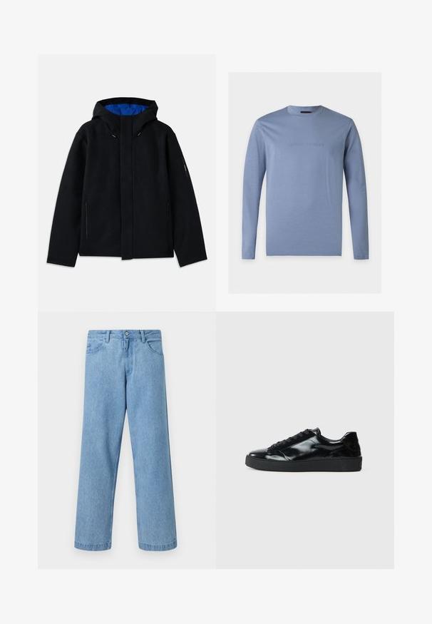 Veste à capuche noire avec un intérieur bleu, dotée de deux poches zippées sur les côtés, d'une coupe droite et de réglages par cordon sur la capuche.; Chemise bleu clair à manches longues avec col rond et logo Emporio Armani en relief centré sur la poitrine, fond blanc.; Jean en denim bleu clair à jambes droites avec poches devant, passants de ceinture et fermeture par bouton, sur fond uni.; Baskets en cuir verni noir avec un bout arrondi, un laçage, une semelle en caoutchouc texturé et une finition lisse.